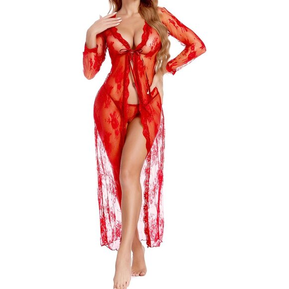 Other - Lace Robe Women Sheer Long Sleeve Nightgown Bridal Babydoll Lingerie